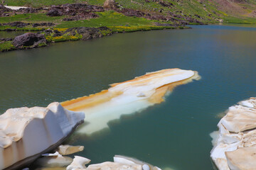 melting snow, melting glaciers and global warming in the lake. Lake and natural landscape in mountains

