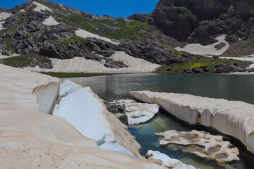 melting snow, melting glaciers and global warming in the lake. Lake and natural landscape in mountains
