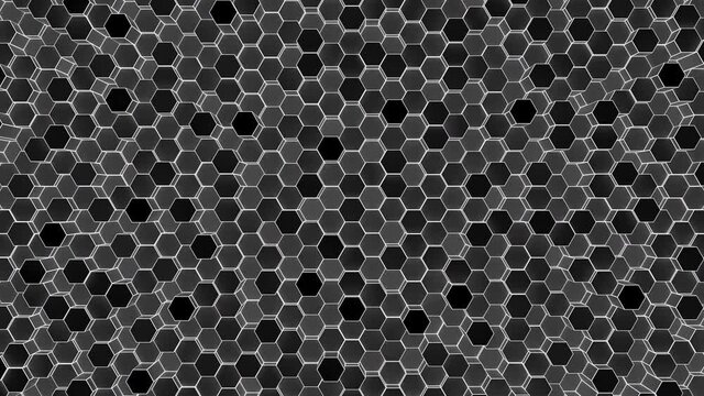 Moving grey and black hexagonal shapes futuristic hi-tech pattern, looping abstract motion background