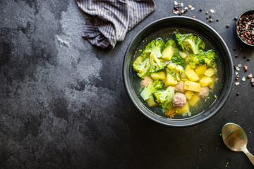 soup meatballs broccoli vegetables first course broth meat chicken or turkey home cooking healthy meal top view copy space for text food background rustic keto or paleo diet