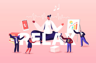 Relax Concept. Female Character Office Worker Meditating at Workplace. Relaxed Businesswoman in Lotus Position Do Yoga