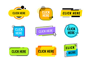 Set of Icons Click Here or Promo Banner, Promotion, Button to Enter on Web Page. Digital Pointer, Navigation for Website