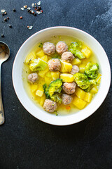 soup meatballs broccoli vegetables first course broth meat chicken or turkey home cooking healthy meal top view copy space for text food background rustic keto or paleo diet