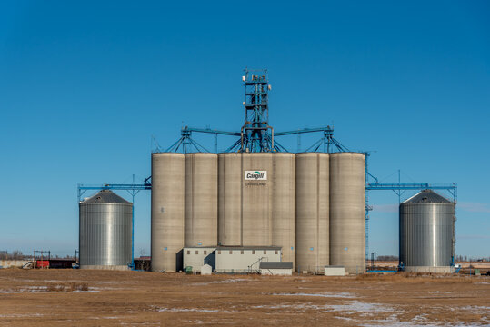 Carseland, Alberta - November 21, 2020: Cargill Grain elevator outside Carseland in winter. 
