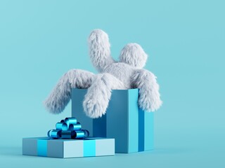 3d render, white hairy yeti sits inside the big gift box, bigfoot cartoon character celebrating. Festive clip art isolated on mint blue background - obrazy, fototapety, plakaty