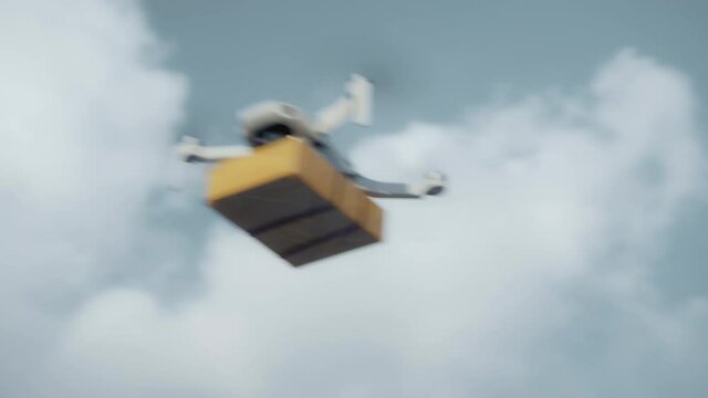 flying on a sky delivery drone with holding a .cardboard parcel