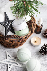 Beauty product in basket in Christmas SPA composition