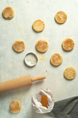 Moroccan Harcha Semolina pan fried. Flatbread served with honey or syrup made from melted butter and honey. Harcha is a traditional breakfast from the north of Africa