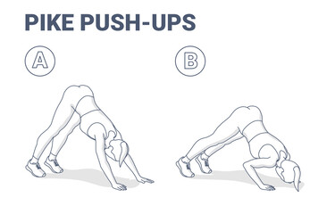 Pike Push-up Female Home Workout Exercise Guidance Outline Concept Illustration
