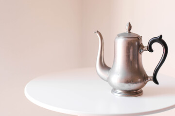Antique silver teapot. Beautiful luxury silver kettle for tea or coffee