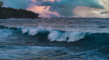 Tropical scenes from the big island of Hawaii with palm trees, rainbows, rain forest and sunset waves.  Magical landscapes and scenics.