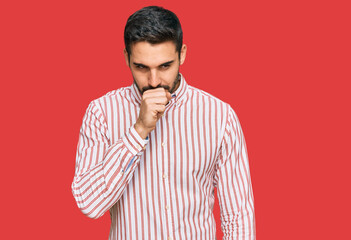 Young hispanic man wearing business shirt feeling unwell and coughing as symptom for cold or bronchitis. health care concept.