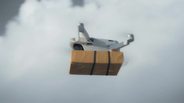 flying on a sky delivery drone with holding a .cardboard parcel