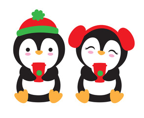 Cute Christmas penguins with hat and earmuffs holding holiday to go coffee drinks vector illustration