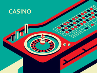 Casino roulette table in isometric flat style. Wheel, chips and dices