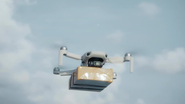 flying on a sky delivery drone with holding a .cardboard parcel