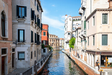 Fototapeta na wymiar Old italian architecture with landmark bridge, romantic boat. Venezia. Grand canal for gondola in travel europe city. Italy, Venice.