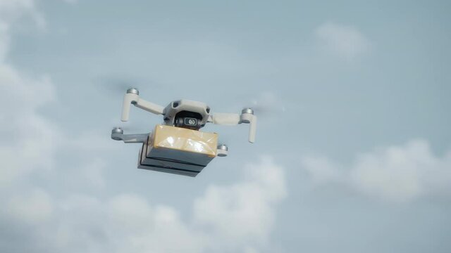 flying on a sky delivery drone with holding a .cardboard parcel