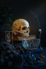 Vanitas - Human skull with grapes, coins, money, book, hourglass, candle and ivy