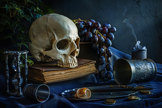 Vanitas - Human skull with grapes, coins, money, book, hourglass, candle, pewter goblet and ivy