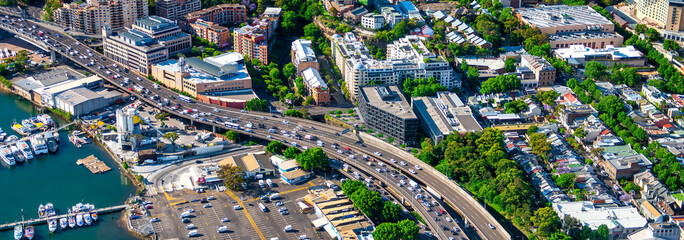 Helicopter view of Anzac Bridge in Sydney, Australia