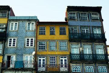 Facades of residential buildings in the historical center of Porto, Portugal.