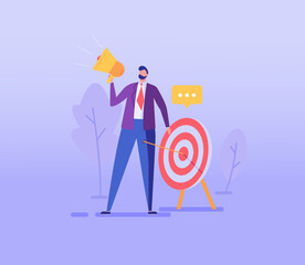 PR manager attracting customers with megaphone. Concept of PR, targeting, marketing. Successful work in Internet. The concept of journalism, target marketing, online advertising in flat design