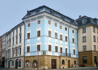 Fototapeta na wymiar Sky blue house at Upper Square in Olmouc