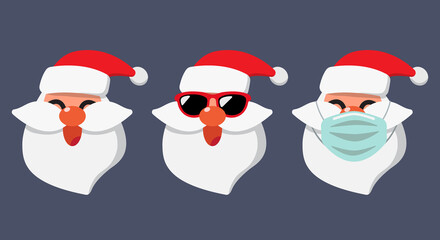 Set of Santa Claus head cartoon style. Santa hats, face masks, glasses. Vector illustration.
