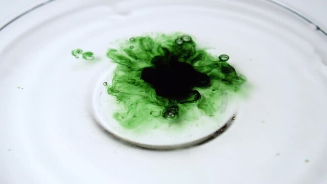 Вrop of green chlorophyll or chlorella extract falls into water and dissolves. Slow motion. The use of alternative medicine with algae and natural extract