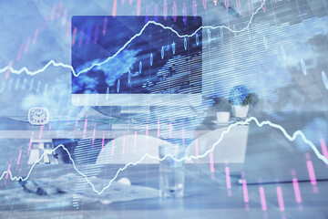 Fototapeta na wymiar Multi exposure of financial graph drawing and office interior background. Concept of market analysis.