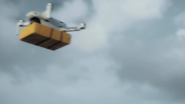 flying on a sky delivery drone with holding a .cardboard parcel