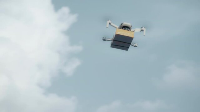 flying on a sky delivery drone with holding a .cardboard parcel