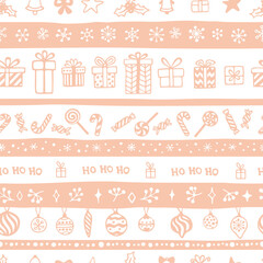 Vector seamless pattern with hand drawn Christmas elements. Cute design for wrappings, textile and backgrounds