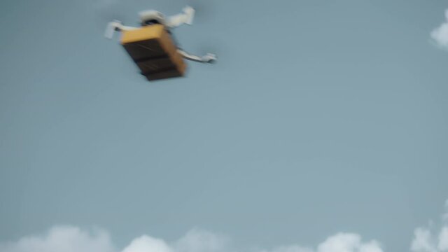 flying on a sky delivery drone with holding a .cardboard parcel