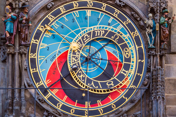 View on the famous astronomical clock and surrounding figurines in central Prague, Czech Republic