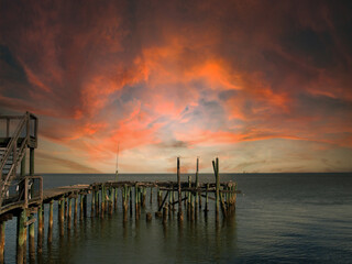 Old dock in Cedar Key, Florida at sunset