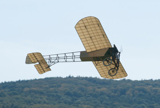 A replica of a Louis Bleriot monoplane displaying at Hahnweide Oldtimers Airshow, Hahnweide Airfield, Baden-Wurttemberg, Stuttgart, Germany - 3rd September 2011