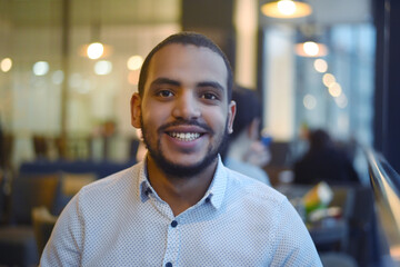 Obraz premium Portrait of a happy black man in his 20s sitting in modern restaurant looking at camera and smiling