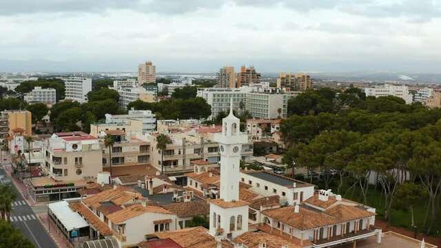 
Aerial shot Mallorca Spain. Drone flying over the city during a coronavirus pandemic where there are no people on the streets, beaches of the Mediterranean, the city is empty, time for quarantine.