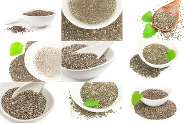 Collage of organic dry chia seeds on white