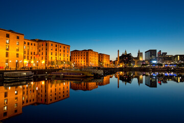 Nighttime view of Salthouse Docks next to the Albert Dock in the cultural quarter of Liverpool....