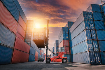 Container Ship Loading of Import/Export Freight Transportation Industry, Transport Crane Forklift is Lifting Box Containers at Port Cargo Shipping Dock Yard. Logistic Freighting Ship Service