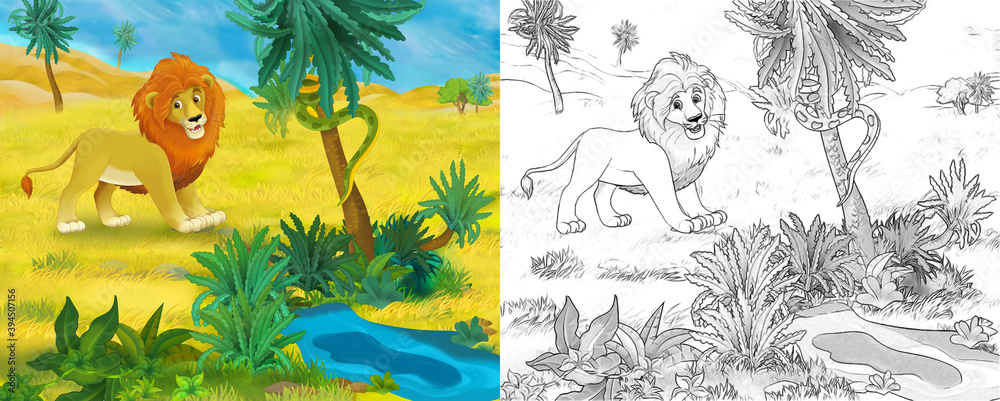 Wall mural cartoon scene with wild animal lion cat in nature - illustration