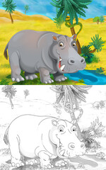 cartoon scene with wild animal in nature hippo hippopotamus - illustration
