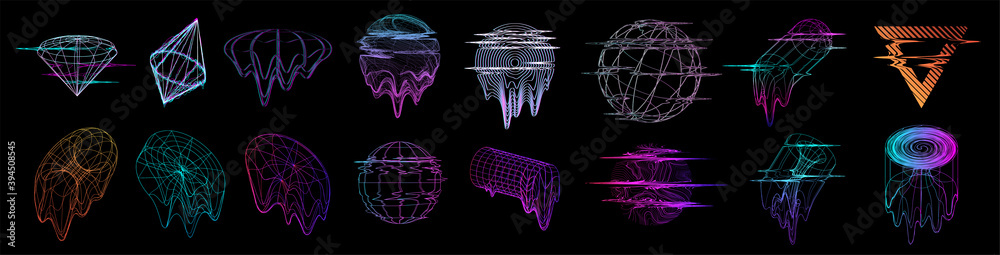 Poster Glitch universal trendy shapes collection in Retrofuturism style. Abstract objects and forms with glitch - liquid and defect effect. Trendy bag shapes cyberpunk, Vaporwave memphis. Vector elements set