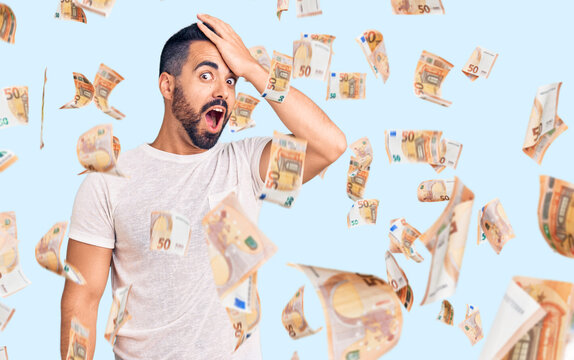 Young hispanic man wearing casual clothes surprised with hand on head for mistake, remember error. forgot, bad memory concept.