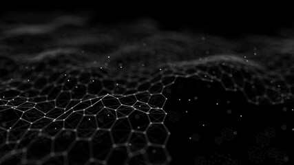 Futuristic black hexagon background. Futuristic honeycomb concept. Wave of particles. 3D rendering.