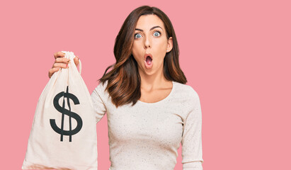 Young brunette woman holding dollars bag scared and amazed with open mouth for surprise, disbelief...