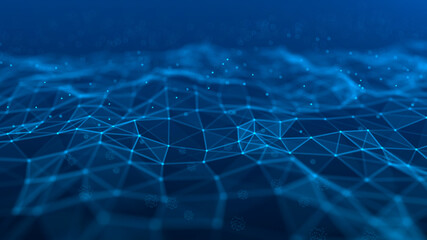Obraz premium Wave 3d. Wave of particles. Abstract Blue Geometric Background. Big data visualization. Data technology abstract futuristic illustration. 3d rendering.